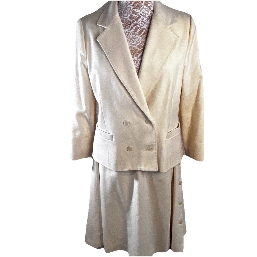 Vtg John Meyer Double Breasted 100% Wool Blazer/Skirt Suit Ivory Tailored 14/16